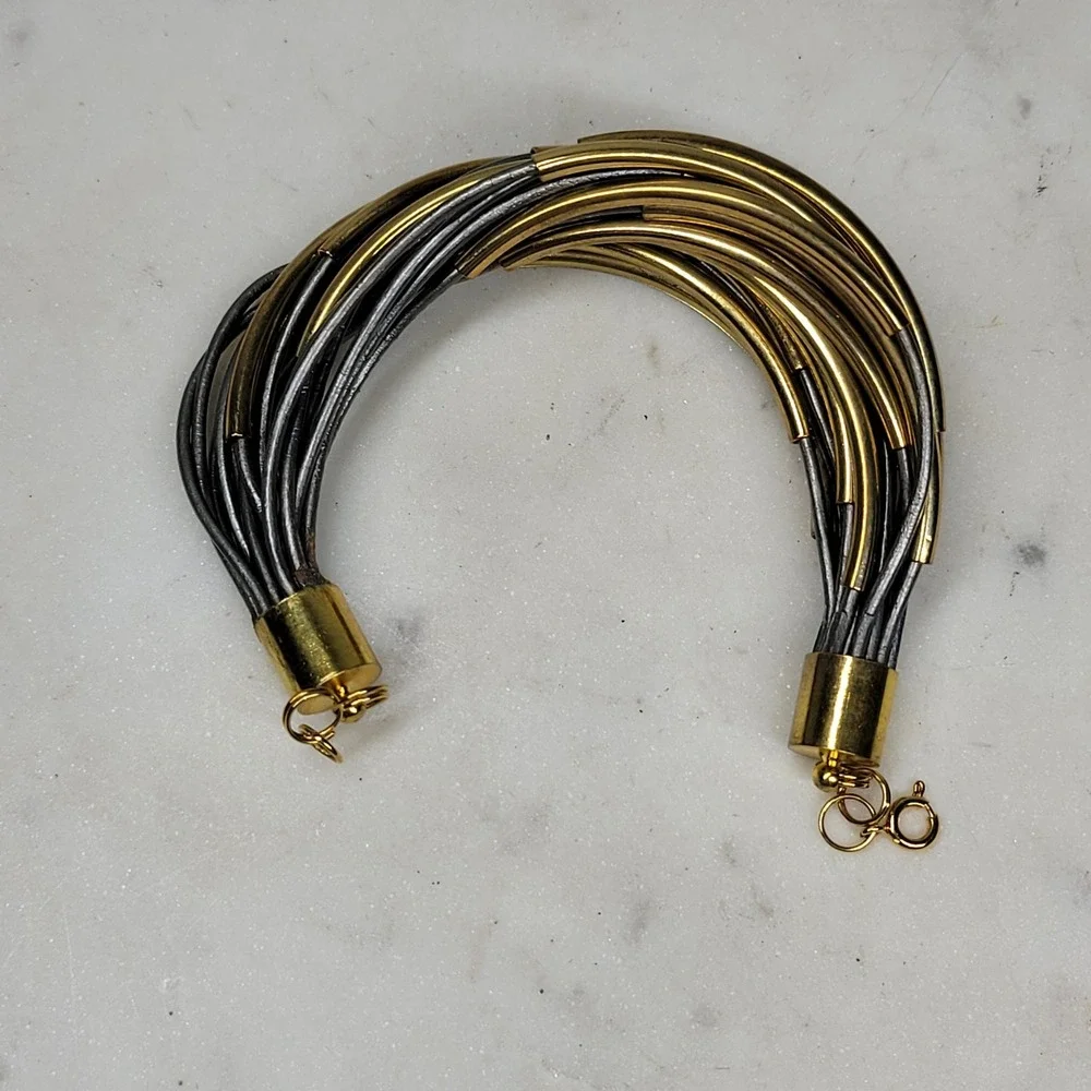 Vintage Multi Strand Leather Band Tube Bracelet Gold Copper Statement 80's